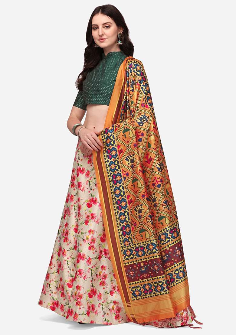 Dark Green Printed Satin Silk Blend Lehenga Set for Diwali and Festive Wear - Indya