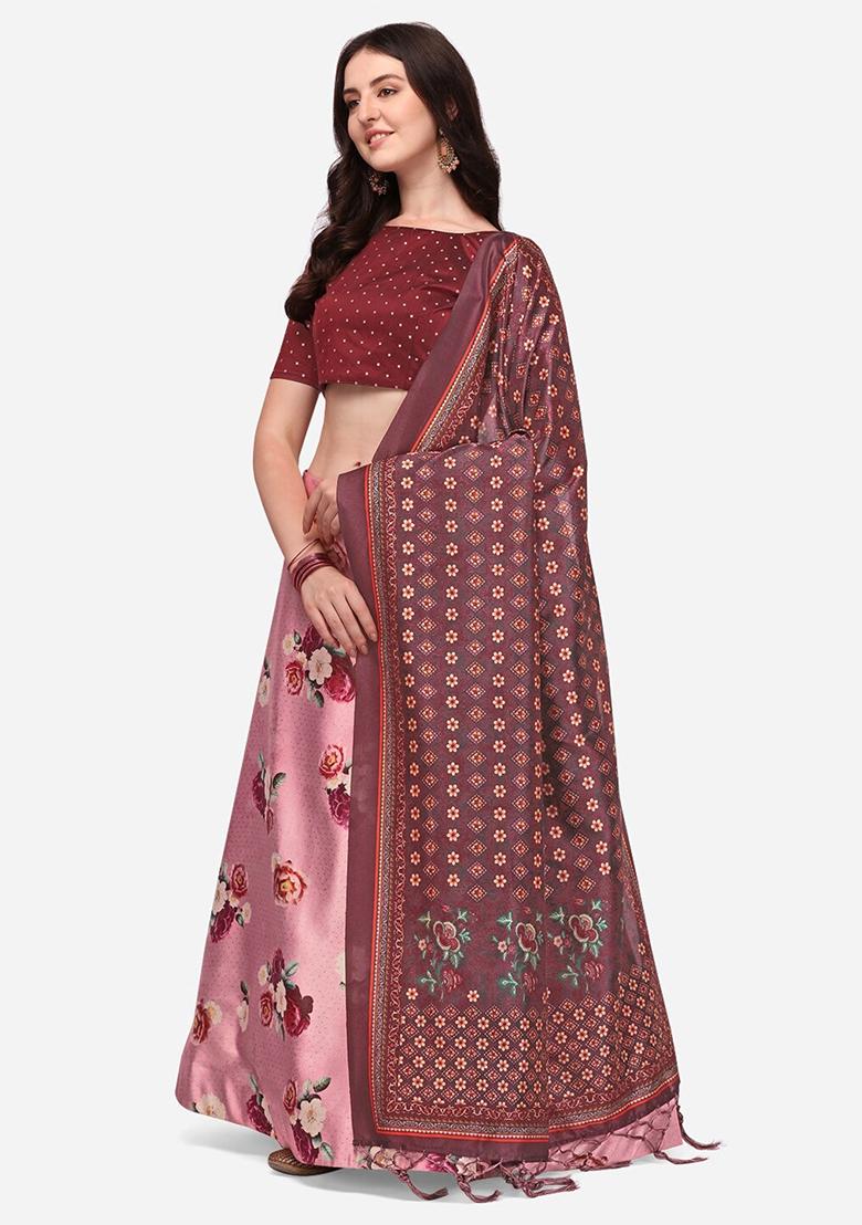 Deep Pink Printed Silk Satin Lehenga Set