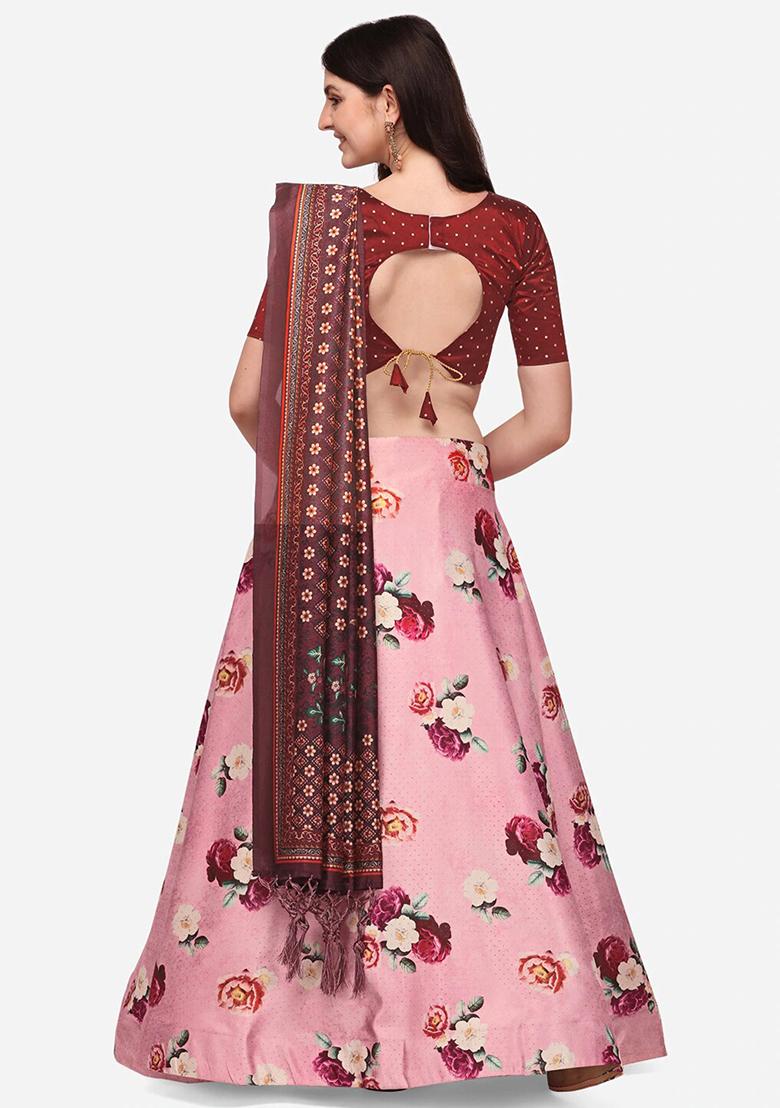 Deep Pink Printed Silk Satin Lehenga Set