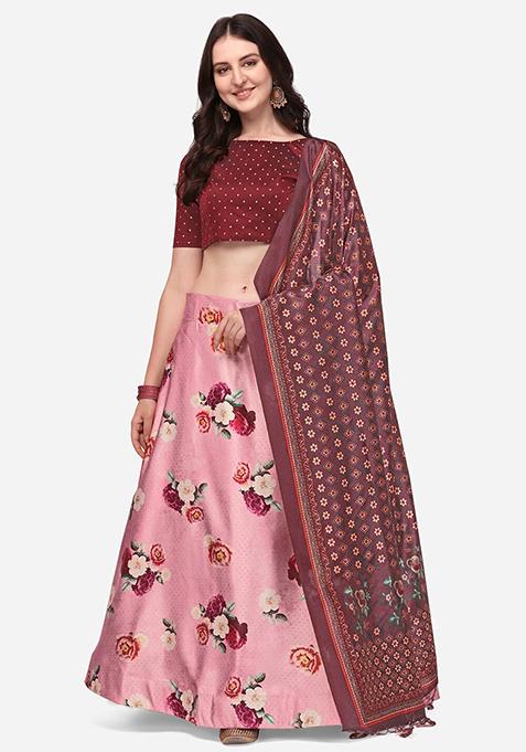 Deep Pink Printed Silk Satin Lehenga Set