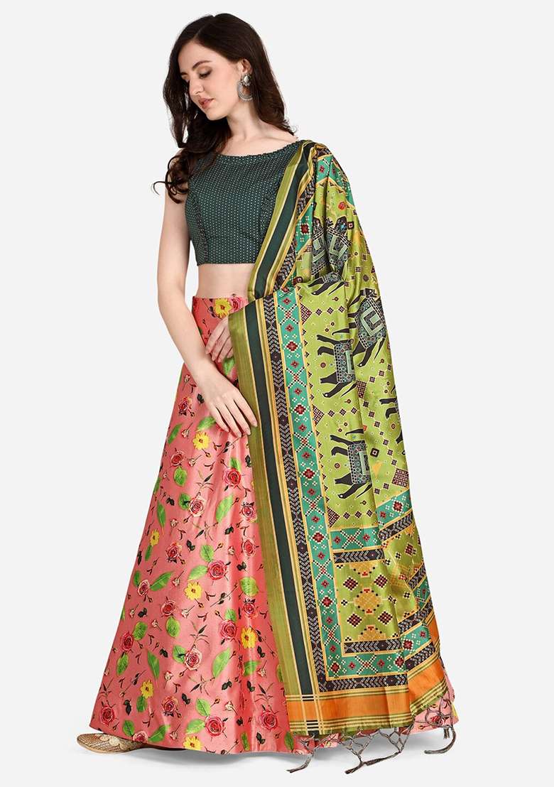 Olive Green Digital Print Silk Blend Satin Lehenga Set for Diwali and Festive Wear - Indya