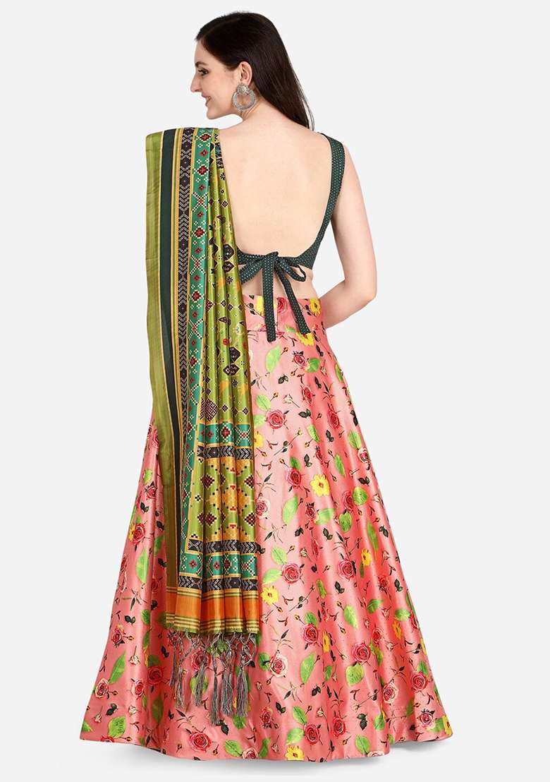 Olive Green Digital Print Silk Blend Satin Lehenga Set for Diwali and Festive Wear - Indya