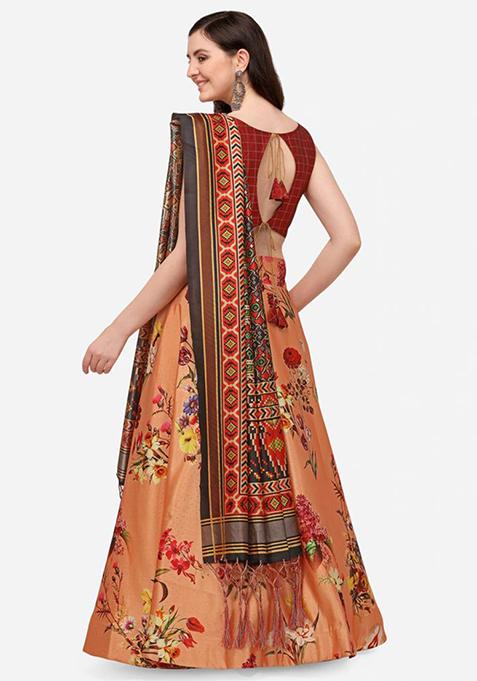 Dark Red Digital Print Lehenga Set