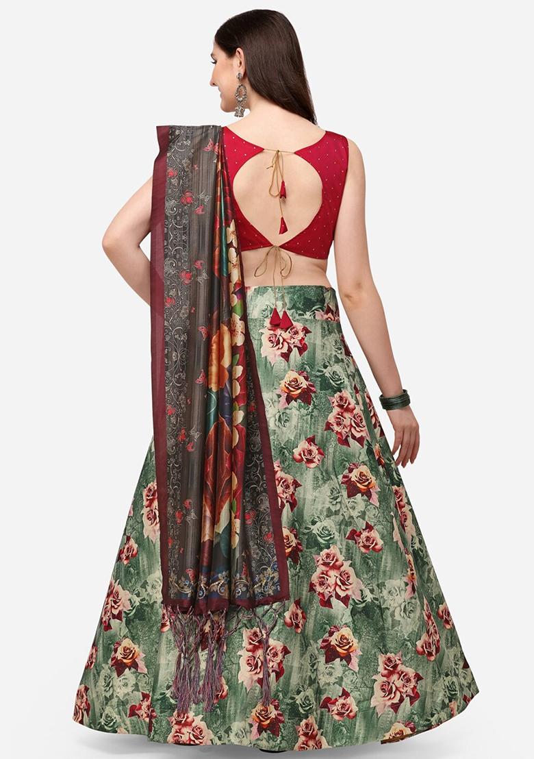 Maroon Digital Print Silk Satin Lehenga Set