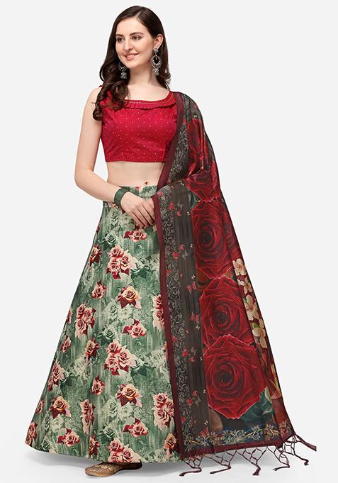 Maroon Digital Print Silk Satin Lehenga Set