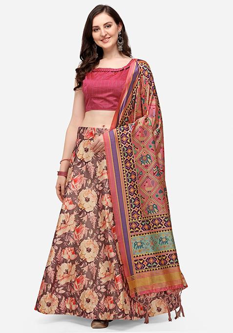 Pink Printed Lehenga Silk Satin Choli Set