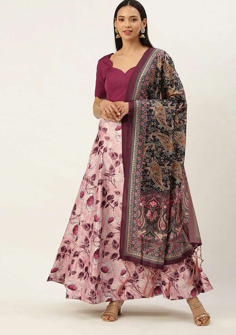Violet Printed Satin Silk Blend Lehenga Set for Diwali and Festive Wear - Indya