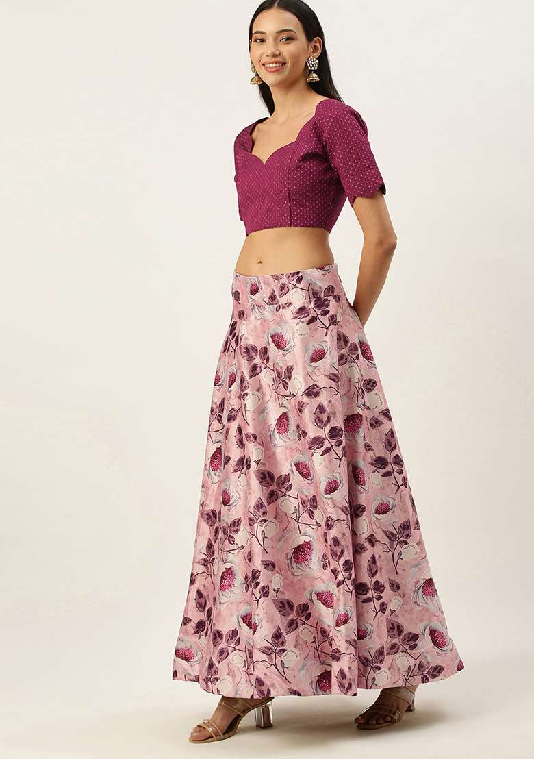 Violet Printed Satin Silk Blend Lehenga Set for Diwali and Festive Wear - Indya