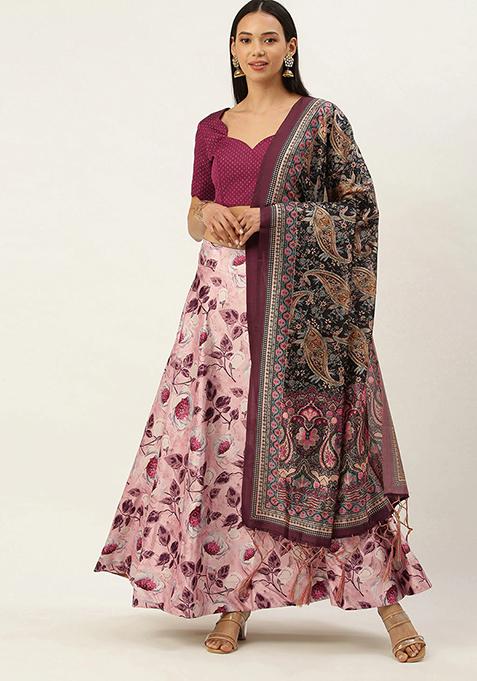 Violet Printed Satin Silk Lehenga Set