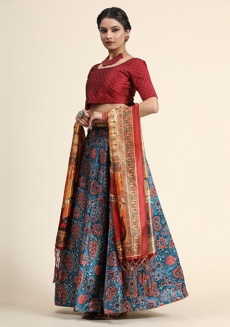 Maroon Printed Silk Satin Lehenga Set