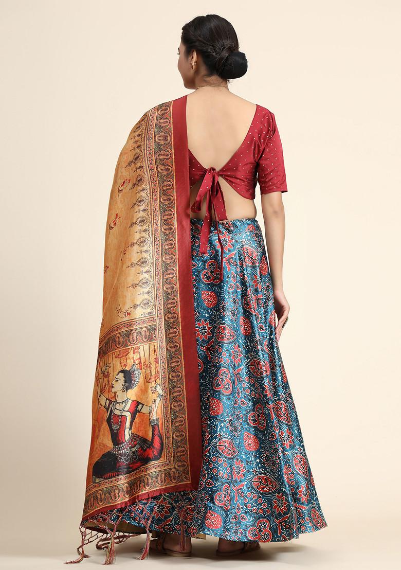 Maroon Printed Silk Satin Lehenga Set