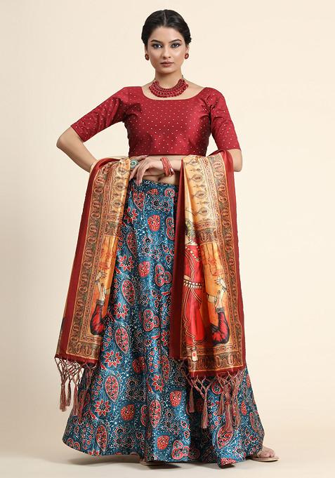 Maroon Printed Silk Satin Lehenga Set