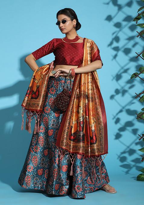 Maroon Printed Silk Satin Lehenga Set