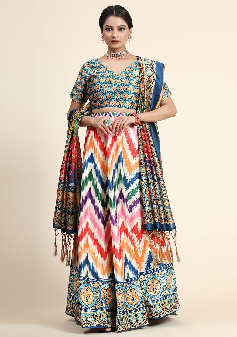 Teal Printed Satin Silk Lehenga Set