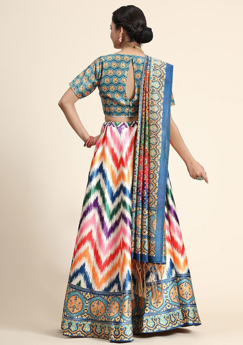 Teal Printed Satin Silk Lehenga Set