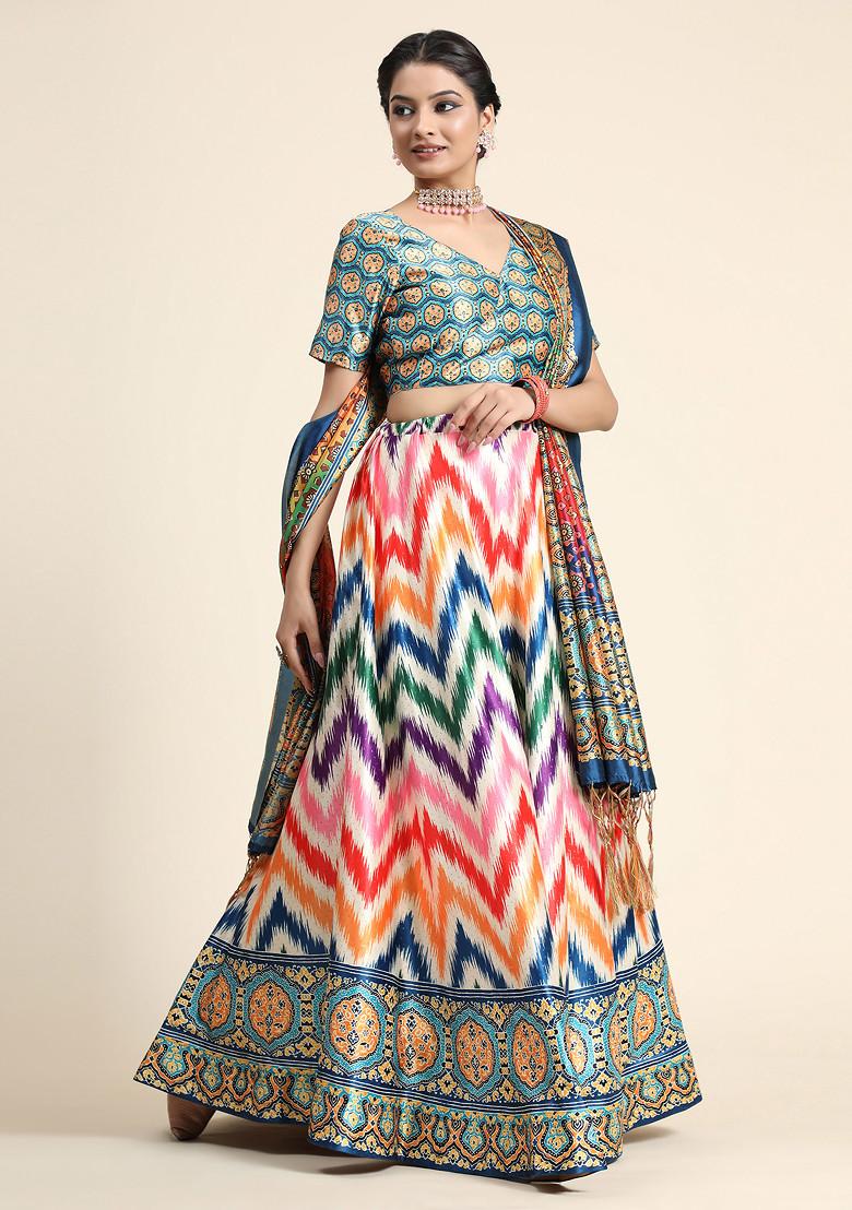 Teal Printed Satin Silk Lehenga Set
