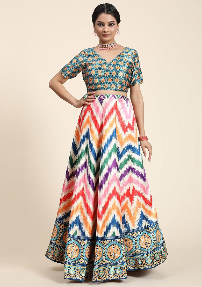 Teal Printed Satin Silk Lehenga Set