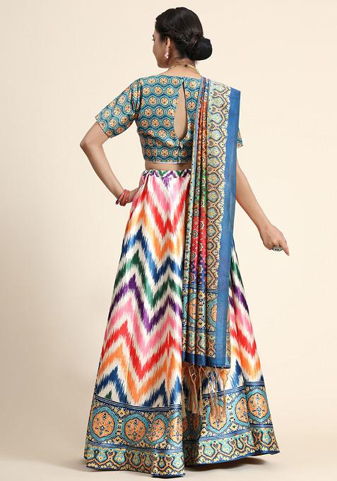 Teal Printed Satin Silk Lehenga Set