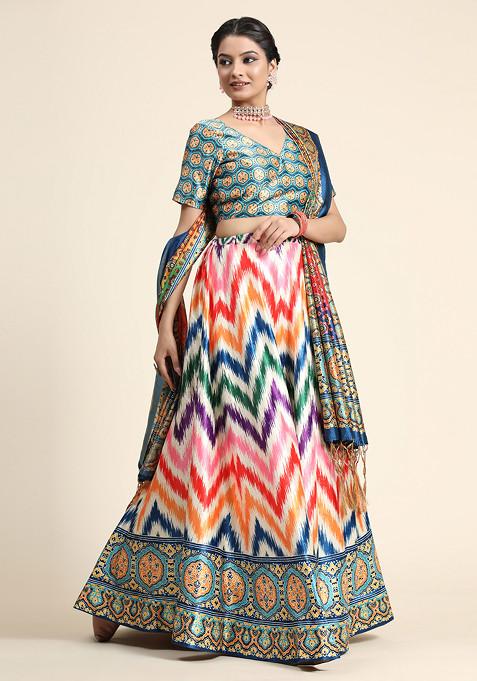 Teal Printed Satin Silk Lehenga Set