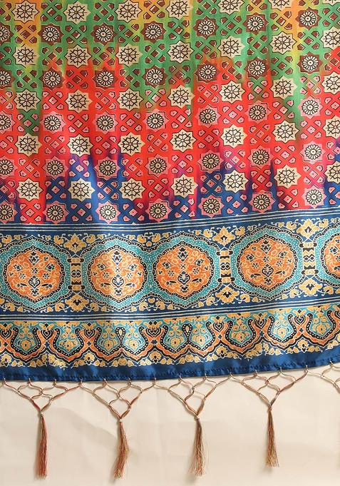 Teal Printed Satin Silk Lehenga Set