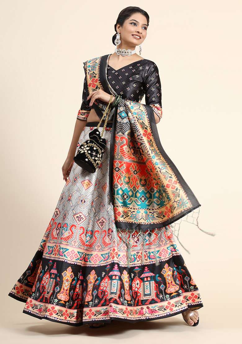 Black Satin Silk Blend Lehenga Set with Digital Print for Diwali | Wedding & Festive Wear - Indya