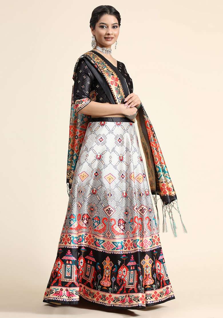 Black Satin Silk Blend Lehenga Set with Digital Print for Diwali | Wedding & Festive Wear - Indya