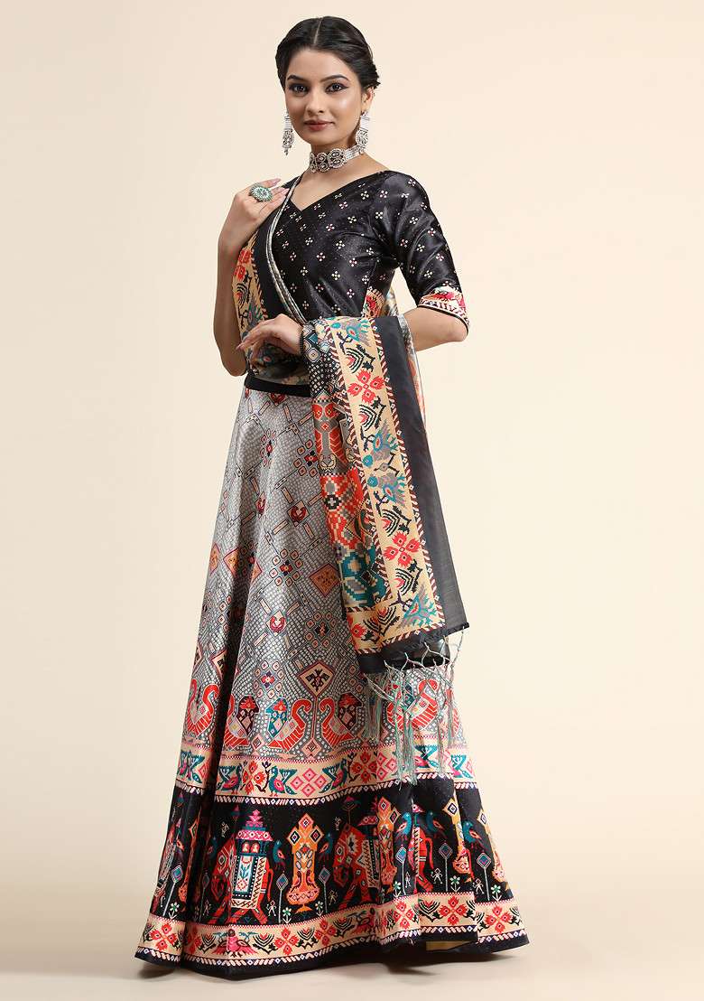 Black Satin Silk Blend Lehenga Set with Digital Print for Diwali | Wedding & Festive Wear - Indya