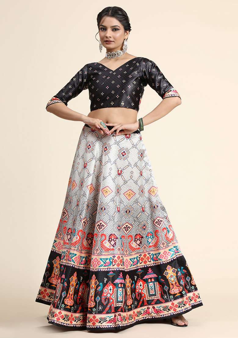 Black Satin Silk Blend Lehenga Set with Digital Print for Diwali | Wedding & Festive Wear - Indya