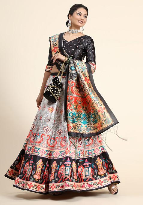 Black Digital Print Silk Satin Lehenga Set