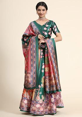 Green Digital Print Silk Satin Lehenga Set