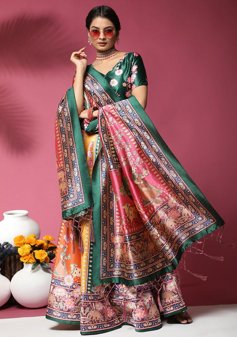 Green Digital Print Silk Satin Lehenga Set