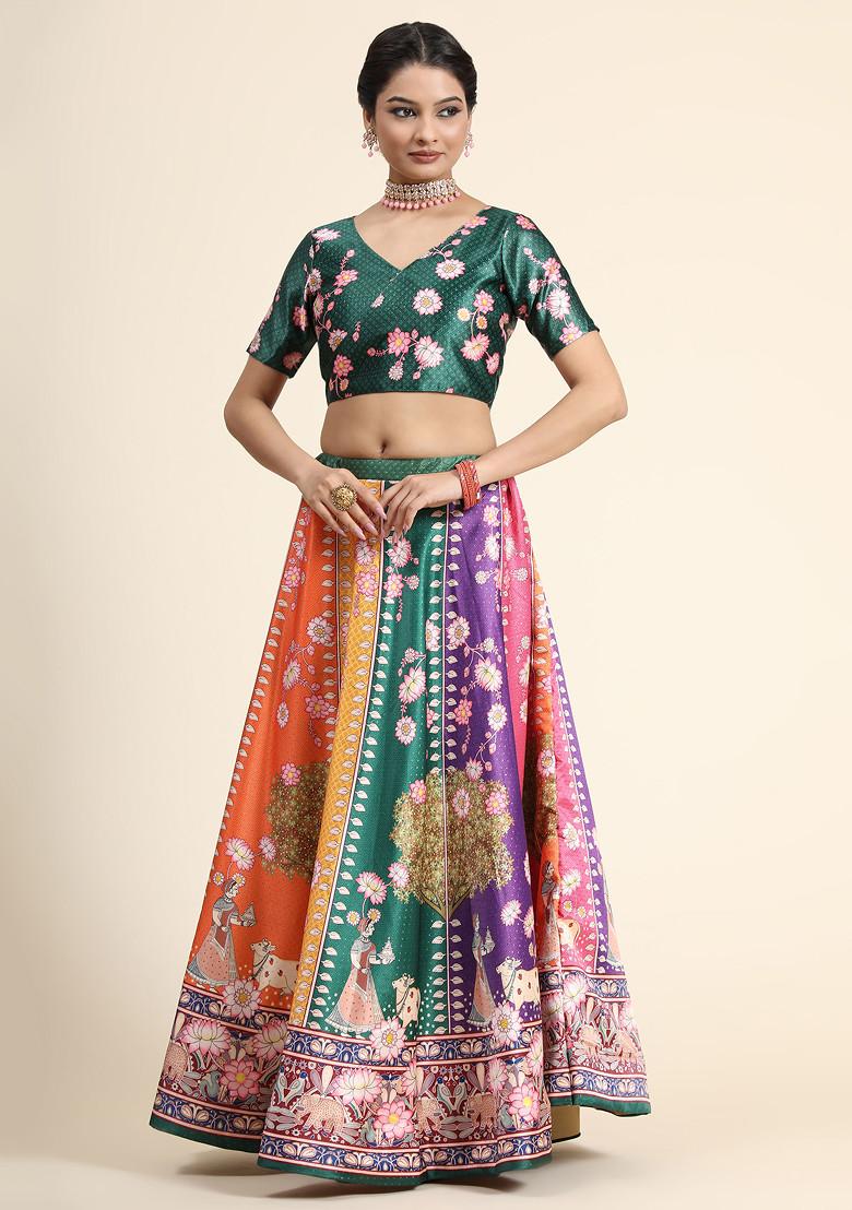 Green Digital Print Silk Satin Lehenga Set