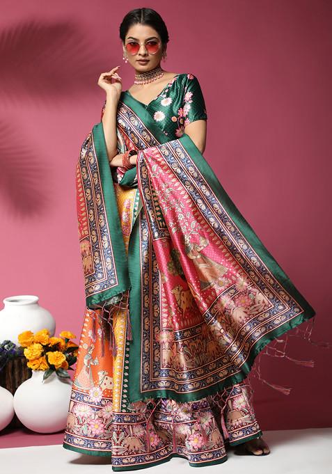 Green Digital Print Silk Satin Lehenga Set