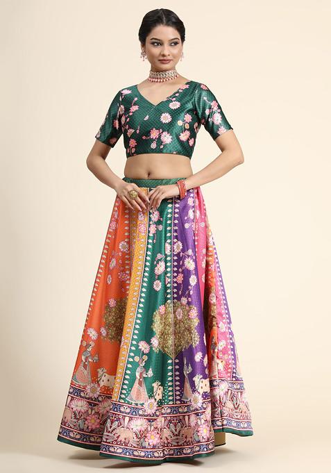 Green Digital Print Silk Satin Lehenga Set