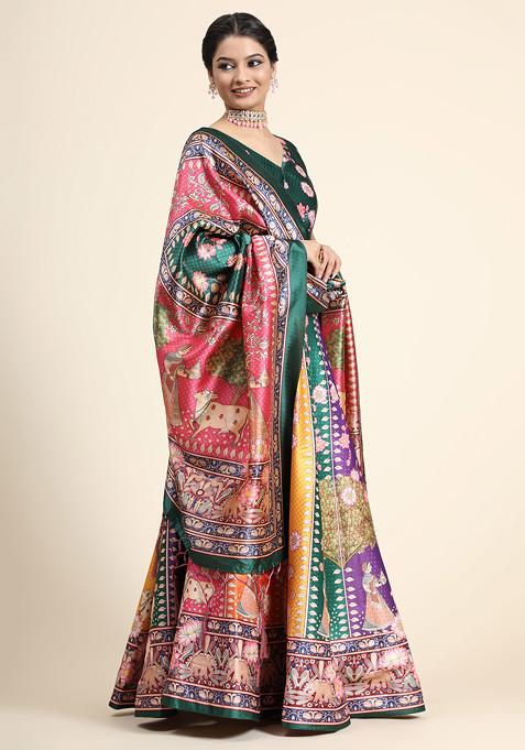 Green Digital Print Silk Satin Lehenga Set