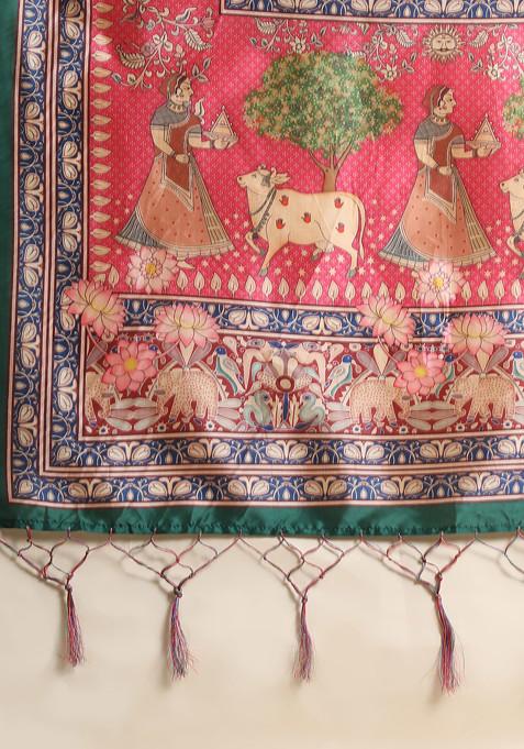 Green Digital Print Silk Satin Lehenga Set