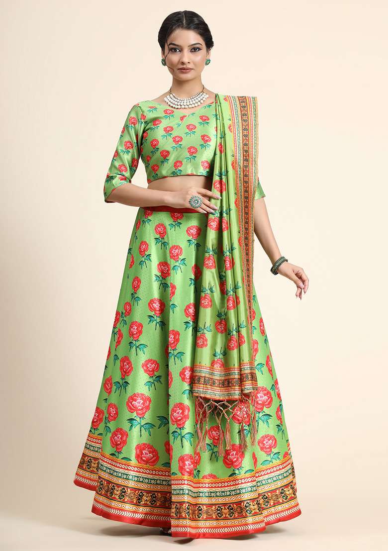 Redium Blend Satin Silk Lehenga Set with Digital Print for Diwali | Wedding & Festive Wear - Indya