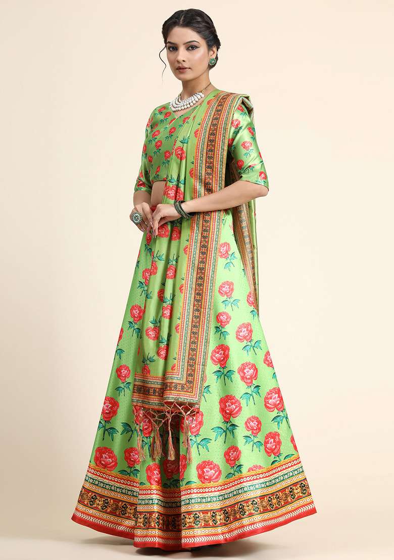 Redium Blend Satin Silk Lehenga Set with Digital Print for Diwali | Wedding & Festive Wear - Indya