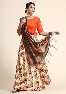 Orange Printed Silk Satin Lehenga Set