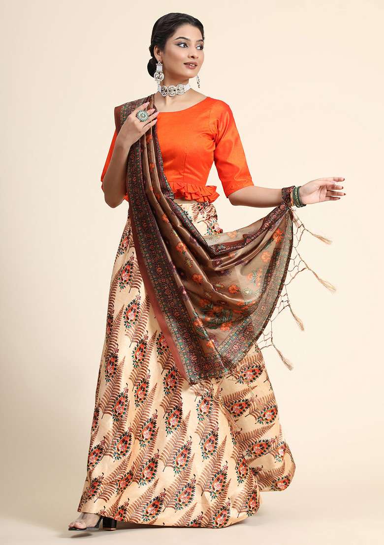 Orange Printed Silk Blend Satin Lehenga Set for Diwali and Festive Wear - Indya