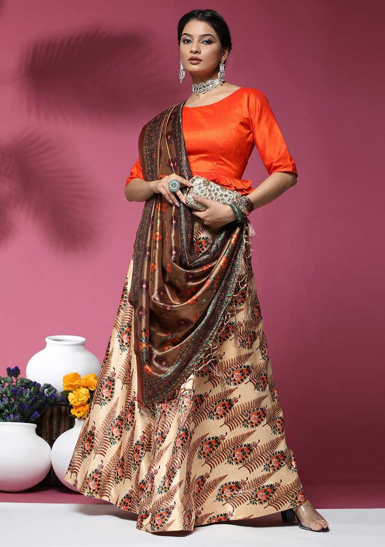 Orange Printed Silk Blend Satin Lehenga Set for Diwali and Festive Wear - Indya