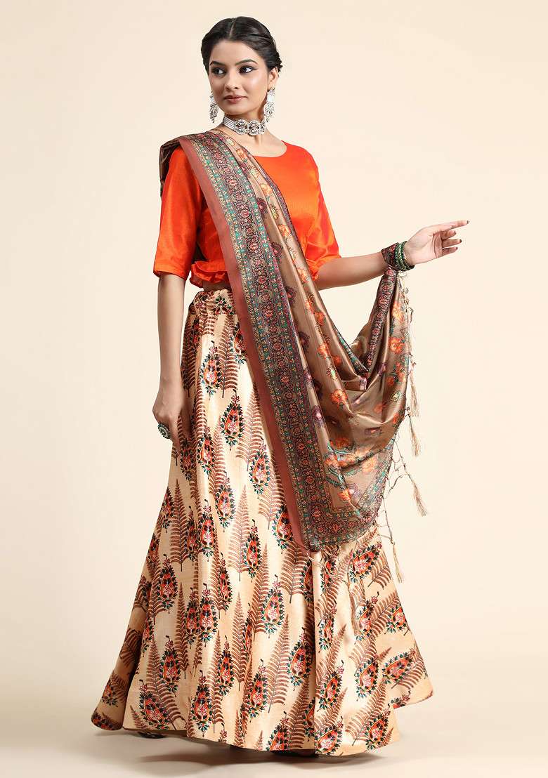 Orange Printed Silk Blend Satin Lehenga Set for Diwali and Festive Wear - Indya