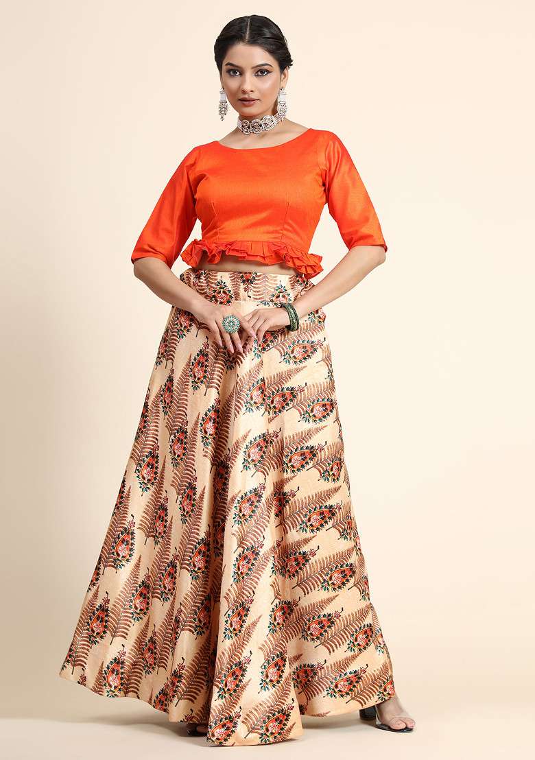 Orange Printed Silk Blend Satin Lehenga Set for Diwali and Festive Wear - Indya
