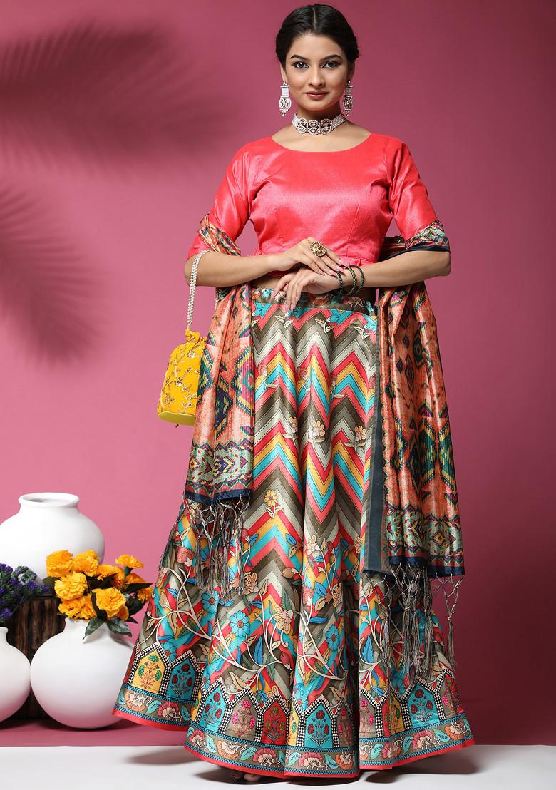 Pink Printed Silk Satin Lehenga Set