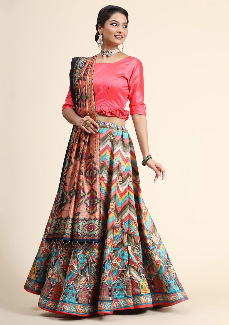 Pink Printed Silk Satin Lehenga Set