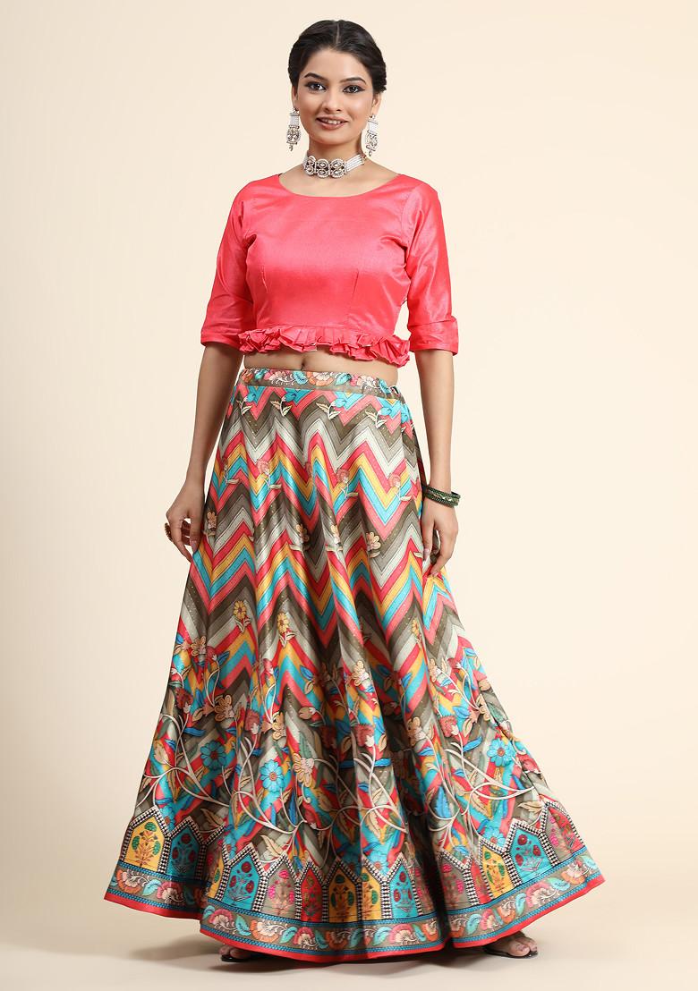 Pink Printed Silk Satin Lehenga Set