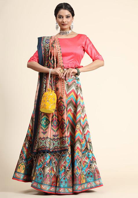 Pink Printed Silk Satin Lehenga Set