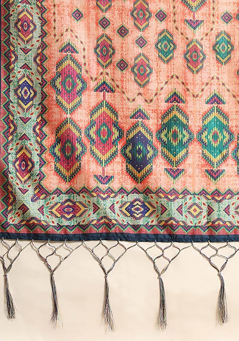 Pink Printed Silk Satin Lehenga Set