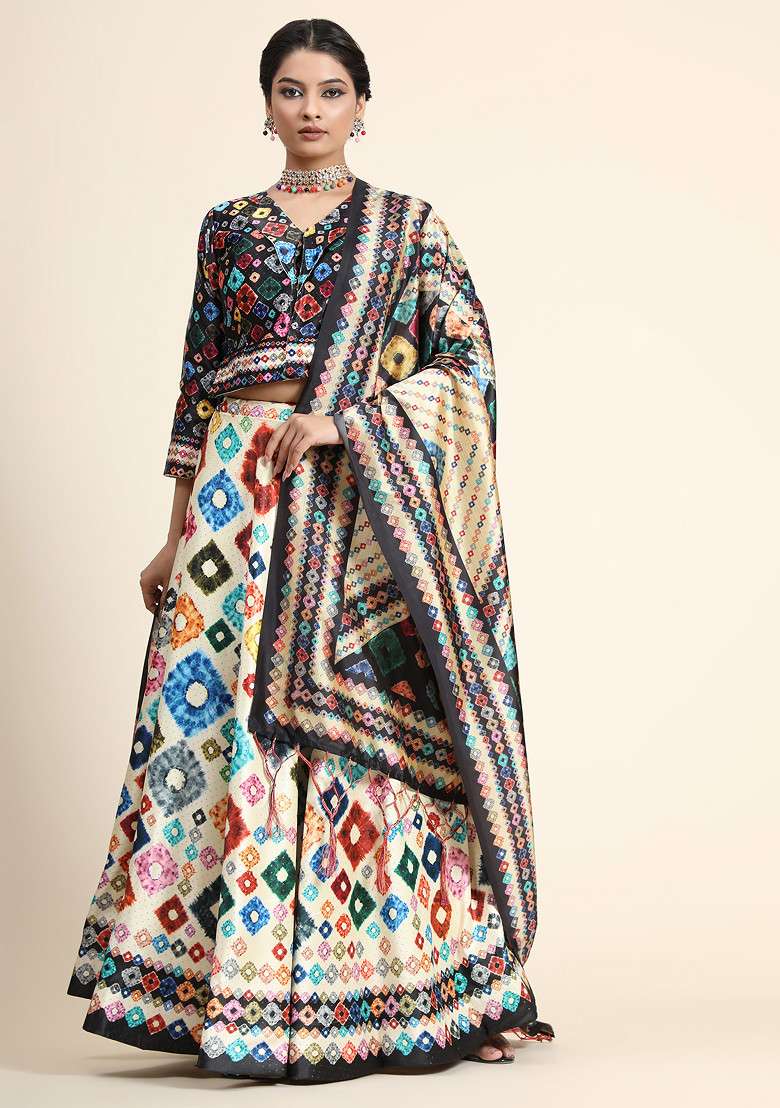 Black Blend Satin Silk Lehenga Set with Printed for Diwali | Wedding & Festive Wear - Indya