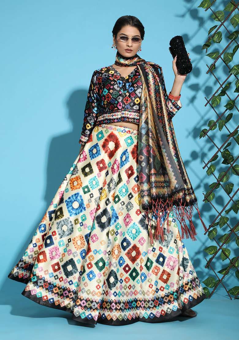Black Blend Satin Silk Lehenga Set with Printed for Diwali | Wedding & Festive Wear - Indya
